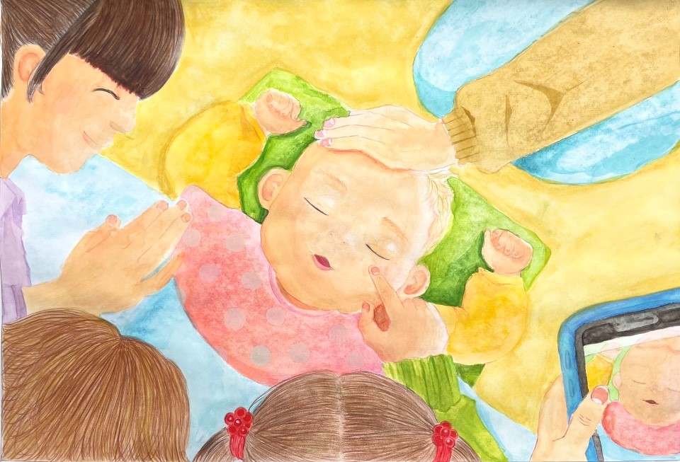 生まれたてのいとこ。こども絵画コンクール優秀賞作品。