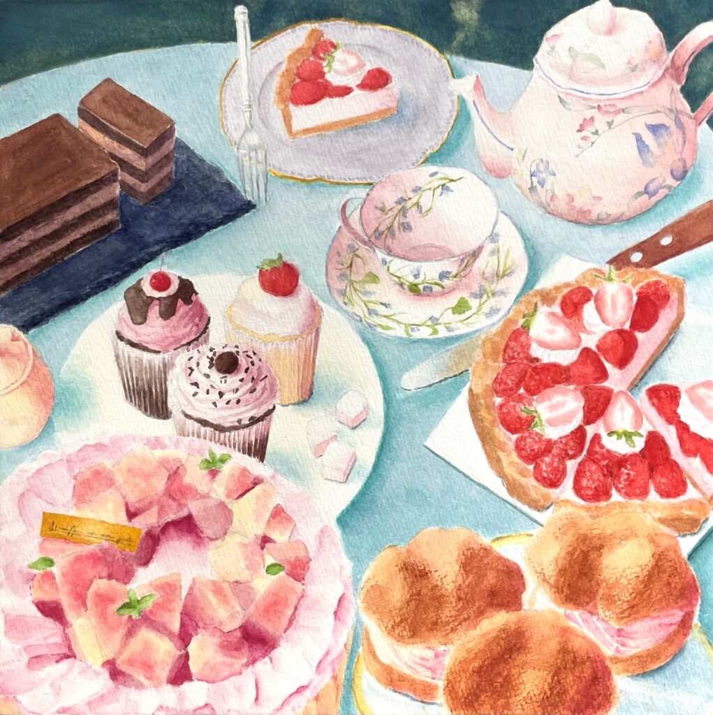 美味しそうなスイーツがたくさん。イチゴや桃の色が引き立つように、背景にグリーンを使っています。