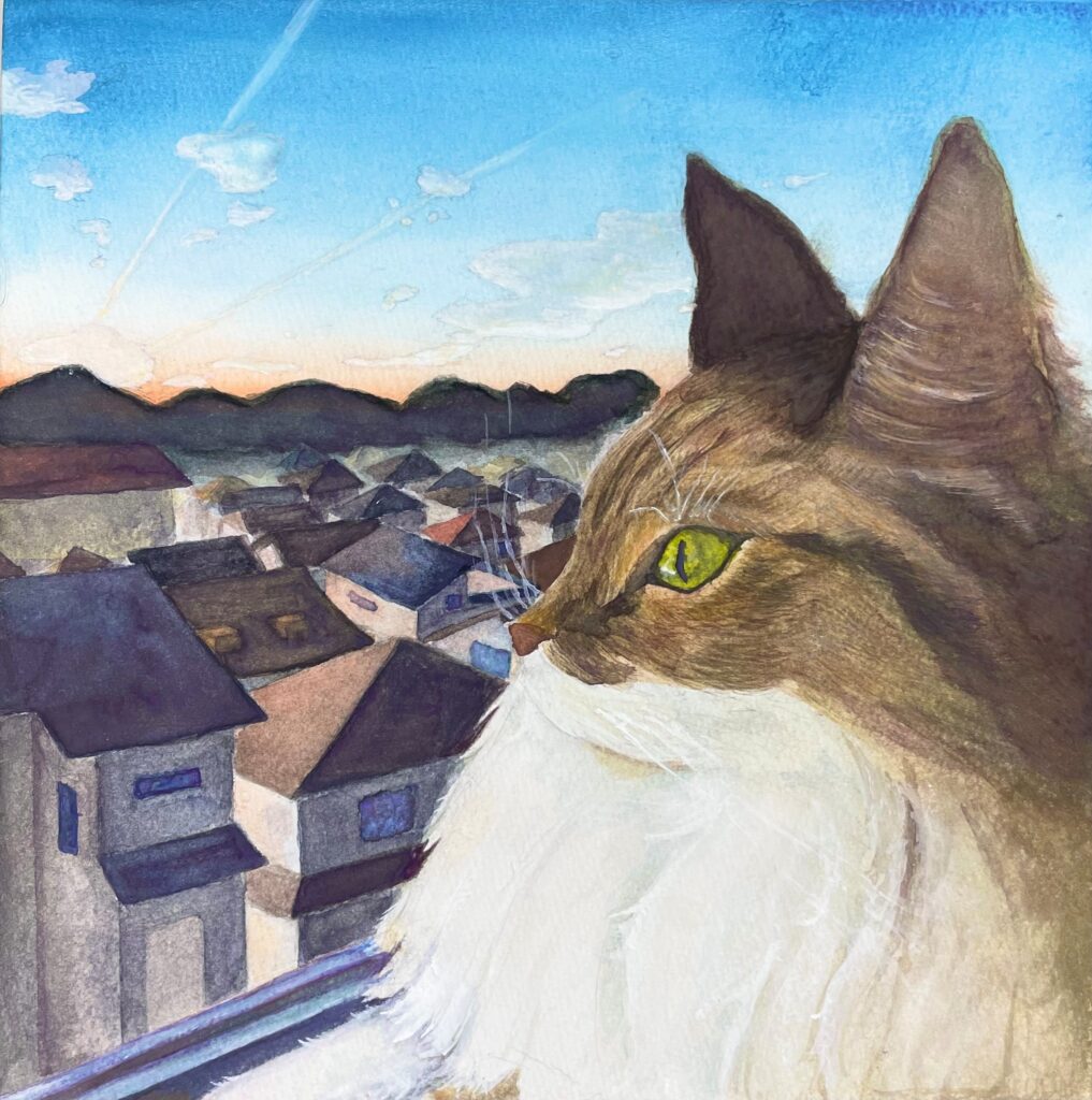 遠くを眺める猫。ガッシュで色鮮やかに描いています。